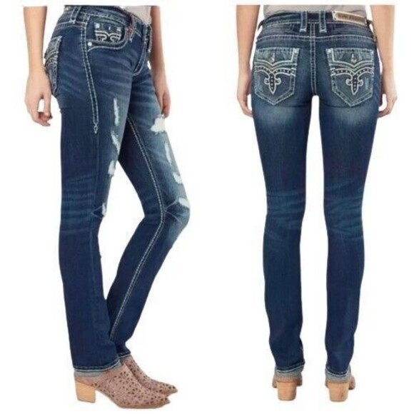 Rock Revival Priya Women’s Size 27 Straight Leg Distressed Rhinestones Jeans - Picture 2 of 12